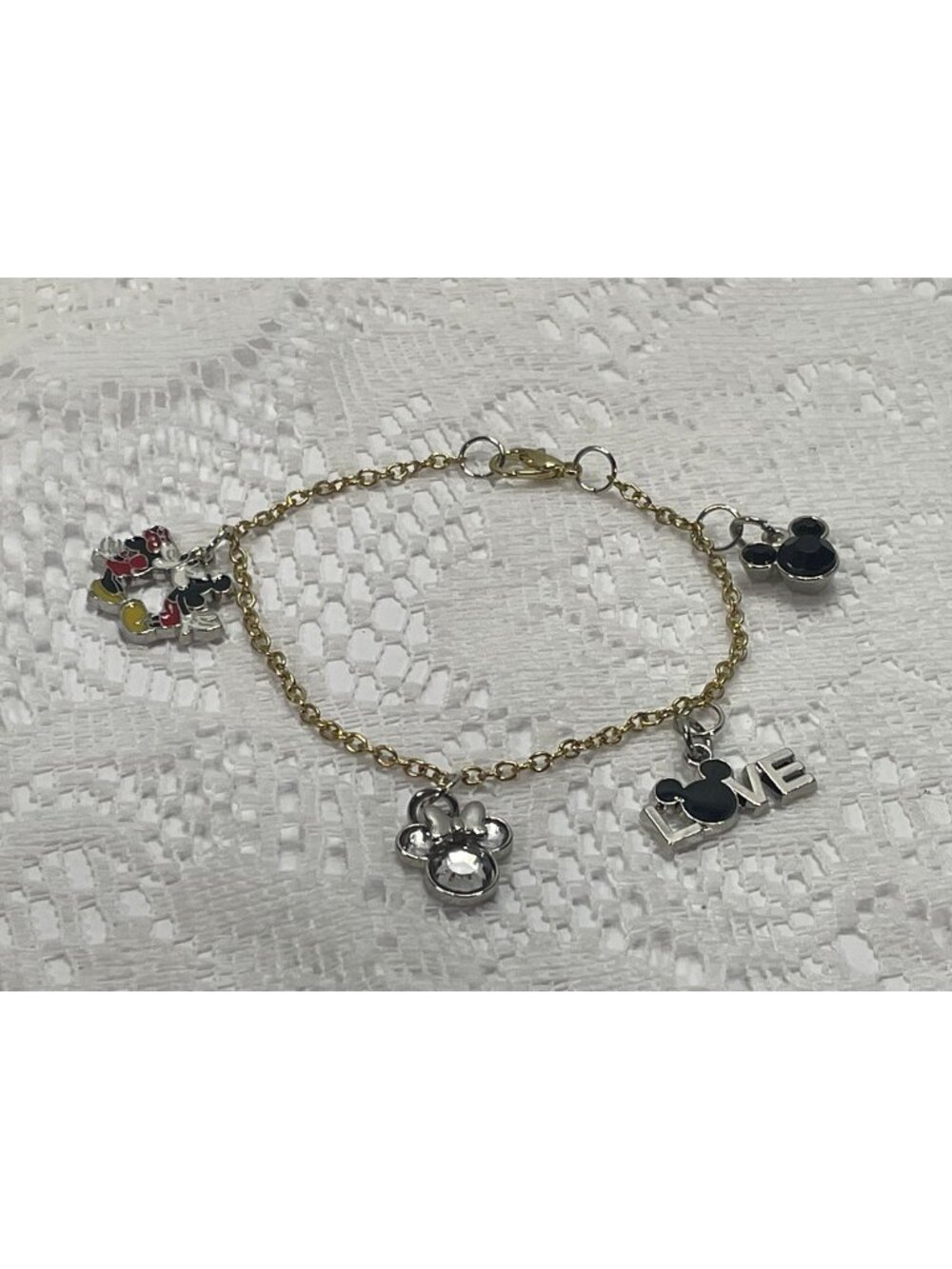Disney-Themed Charm Bracelet With Mickey & Minnie Mouse Love Text Rhinestone Acc